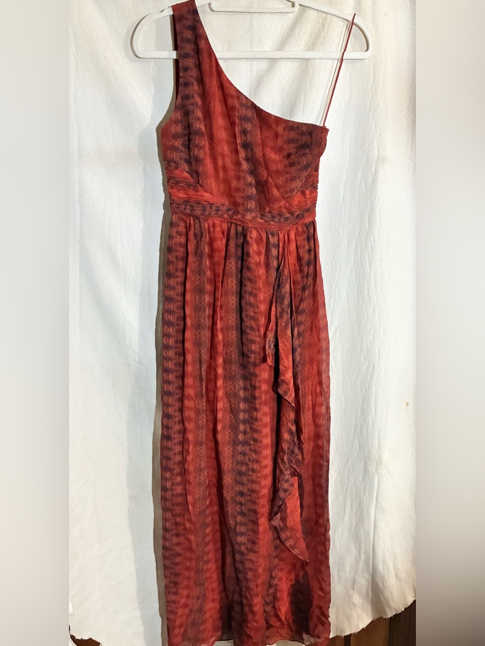 Alice + Olivia Burnt Orange Silk One Shoulder Maxi Dress Sz S-2 Whimsical Midi